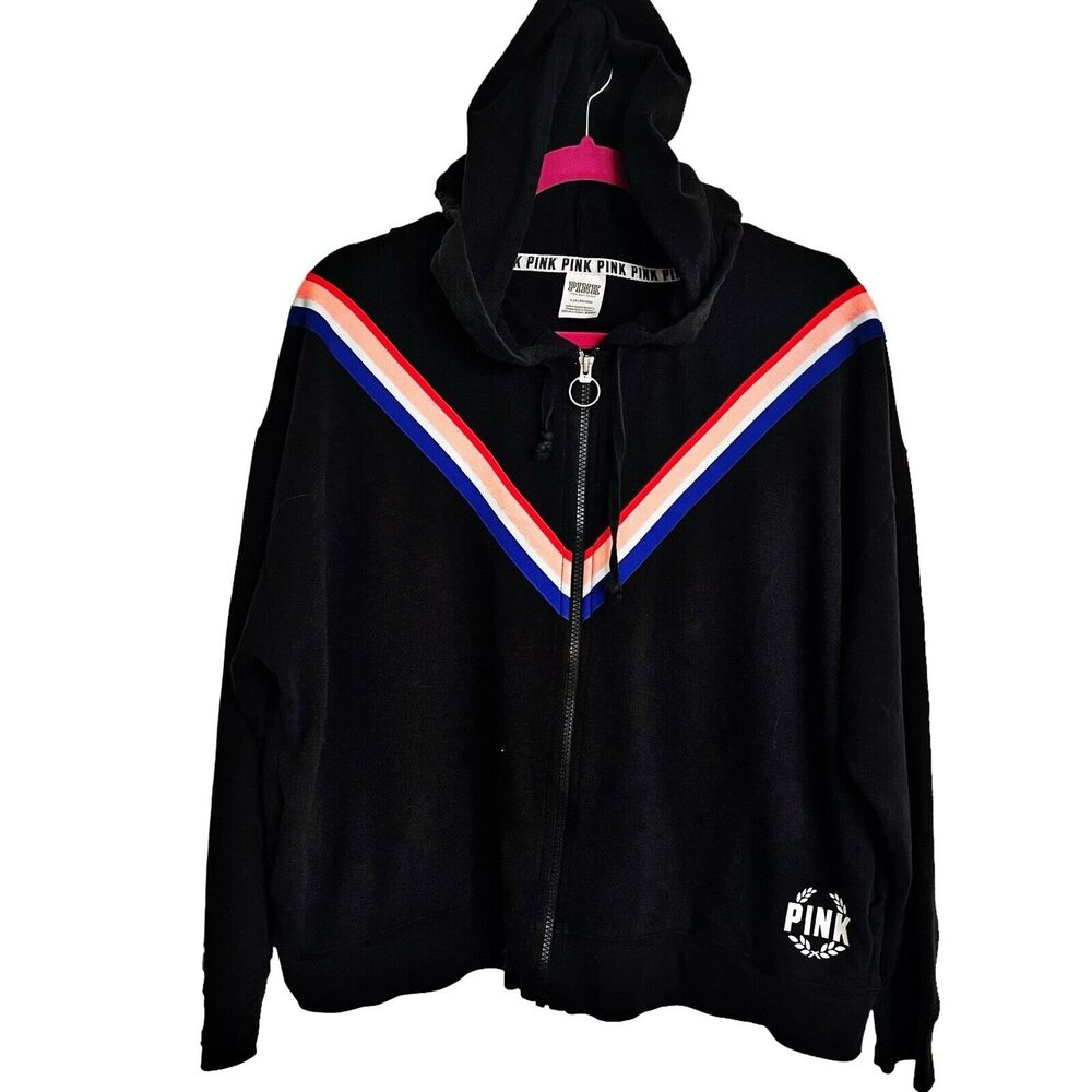 Pink Victoria Secret Black Sweatshirt Hoodie Jacket Sz L Full Zip Rainbow Stripe